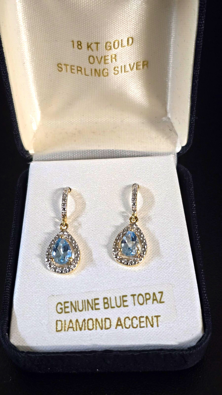 925 Sterling Silver 18K Gold Over Blue Topaz Halo Drop Earrings Leverback w/ Box